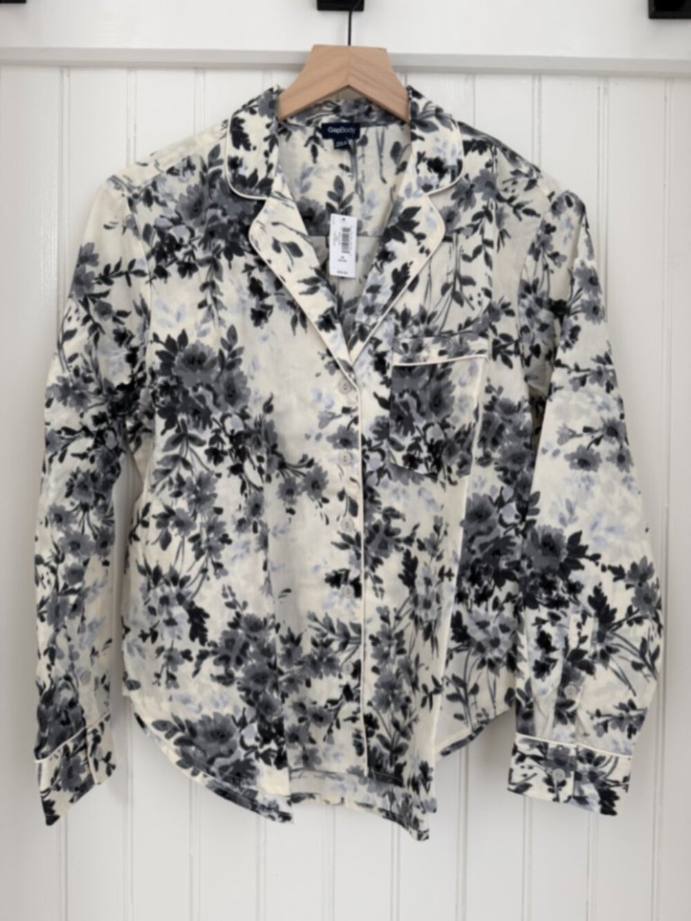GapBody Poplin Pajama Top — Cream Floral Cotton, Long Sleeve, XS Petite NWT